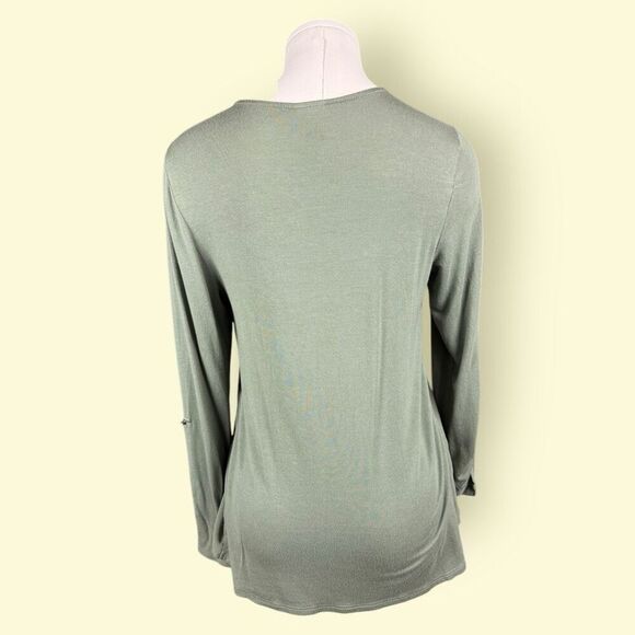 BOBEAU Olive Green Mixed Media V-neck Blouse with Roll-tab Sleeves | Size L - Picture 2 of 5